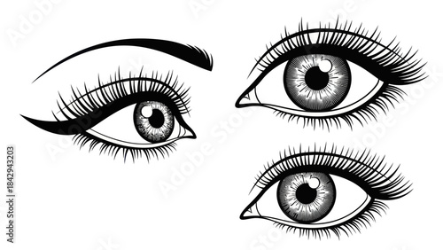 Eye illustrations in black and white with detailed eyelashes and irises on white background