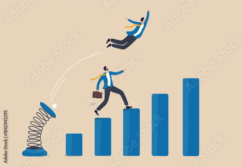 Competitive advantage or innovation to outsmart and overtake business winning, strategy or smart way to win business or career growth concept, businessman jumping springboard to outsmart competitor.
