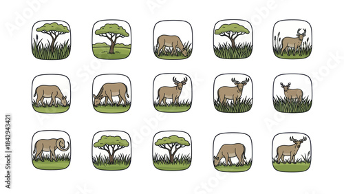 Wildlife icons collection various animals in natural habitats illustrated