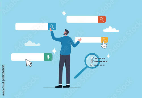 Search or discover new information, find new job or career available, research and analyze information, SEO website optimization, searching concept, businessman search new job on virtual search box
