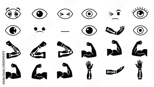 Eyes and arm icons in black emotions gestures strength and health