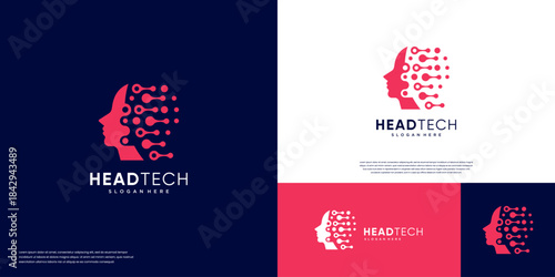 Human head silhouette logo with a concept of digital technology, artificial intelligence, network connection, vector design template.