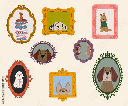 Set of digital pictures, frames and labels with dogs, vintage style. Suitable for decoration of pet supplies products. Vector illustration. Aged paper effect. EPS 10
