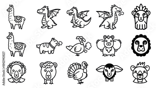 Cartoon animal illustrations in black and white for design projects