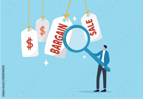 Bargain sale event, finding discount retail price, coupon or promotion offer, price advantage for customer, consumer, special price marketing concept, young man finding special bargain sale price tag