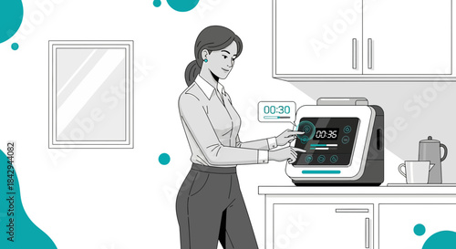 Elegant illustration showcases a woman interacting with a modern smart kitchen appliance