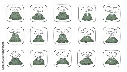 Cartoon volcano icons set of animated erupting mountain illustrations
