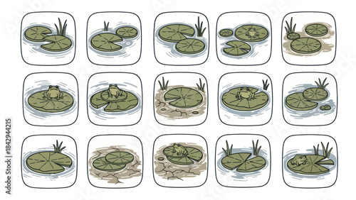 Cartoon lily pads and frog icons set for nature and wildlife concepts