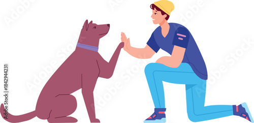 Dog high five. Friendly pet and loving owner characters