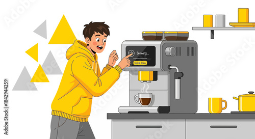 Enthusiastic young man interacting with an advanced home coffee brewing system in a bright kitchen