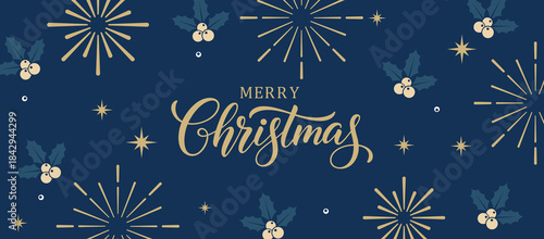 Elegant navy blue Merry Christmas background with gold calligraphy text, holly berries and starburst fireworks pattern, festive holiday greeting card design for seasonal invitations.