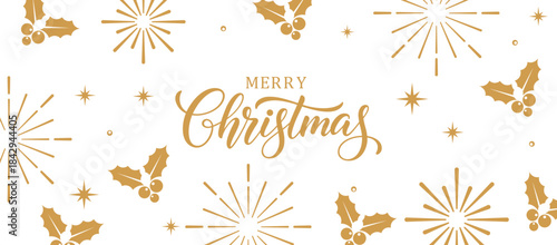 Elegant white Merry Christmas background with gold calligraphy text, holly berries and starburst fireworks pattern, minimalist festive holiday greeting card design for invitations, posters and social 