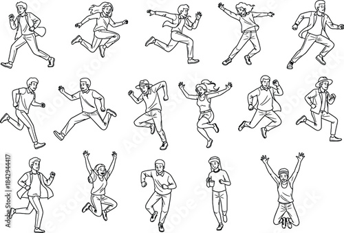Collection of handdrawn line art illustrations of people running, jumping, and expressing movement