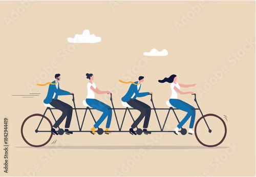 Teamwork working together for success, togetherness or cooperation, collaboration or support other to win together concept, business people employees on tandem bicycle forward metaphor of teamwork