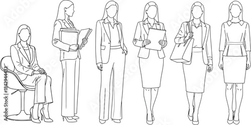 Collection of six business women in various poses, professional attire, line art drawing