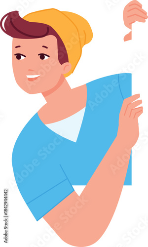 Young guy watching behind wall. Staring cartoon character