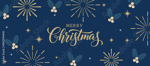 Elegant navy blue Merry Christmas background with gold calligraphy text, holly berries and starburst fireworks pattern, festive holiday greeting card design for seasonal invitations.
