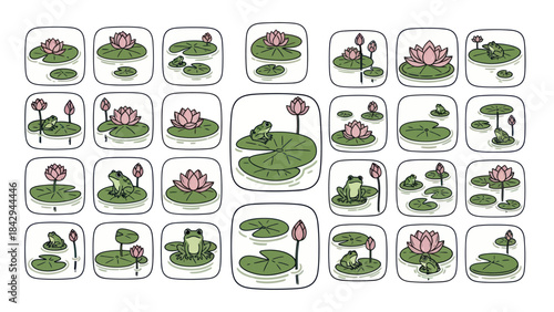 Cartoon lily pads and frogs illustration for creative designs and concepts
