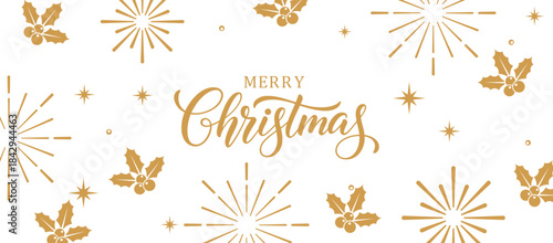 Elegant white Merry Christmas background with gold calligraphy text, holly berries and starburst fireworks pattern, minimalist festive holiday greeting card design for invitations, posters and social 