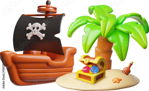 Treasure chest with rum bottle on the tropic island, pirate ship with skull with bones on the black sail vector 3D style