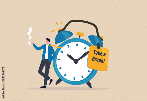 Time to take a break, coffee break time to relax and refresh from long stress interval, free from bored, sleepy and fatigue concept, relax businessman with a cup of coffee or tea with alarm clock