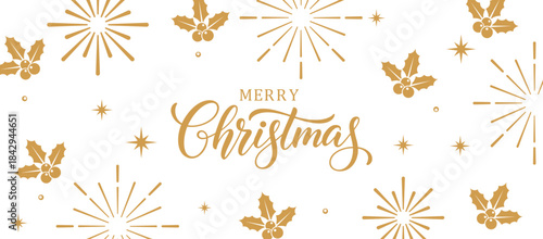 Elegant white Merry Christmas background with gold calligraphy text, holly berries and starburst fireworks pattern, minimalist festive holiday greeting card design for invitations, posters and social 