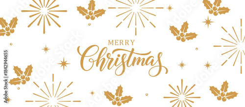 Elegant white Merry Christmas background with gold calligraphy text, holly berries and starburst fireworks pattern, minimalist festive holiday greeting card design for invitations, posters and social 