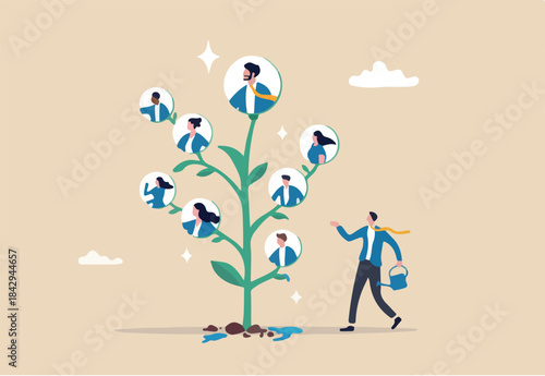 Career growth, HR human resources or organization, people management, career development strategy, employee skill or hiring, recruitment concept, businessman HR watering growing tree with employees