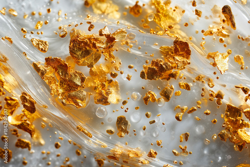 Macro texture of gold flakes suspended in clear anti-aging serum gel for luxury skincare
