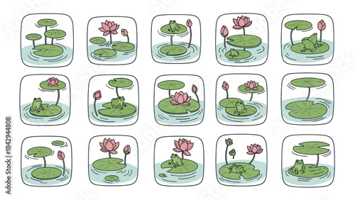 Cartoon lily pads and frogs in pond scenes illustrations for design