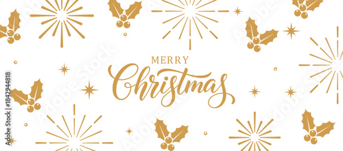 Elegant white Merry Christmas background with gold calligraphy text, holly berries and starburst fireworks pattern, minimalist festive holiday greeting card design for invitations, posters and social 
