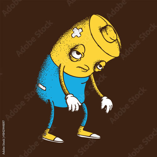 Hand drawn dot work vector illustration. Cute cartoon character. Low and exhausted battery in yellow and blue colors of Ukraine flag on brown background. Concept of low power, energy shortage, relax