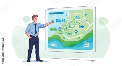 Executive presenting smart city infrastructure layout on digital interface device screen