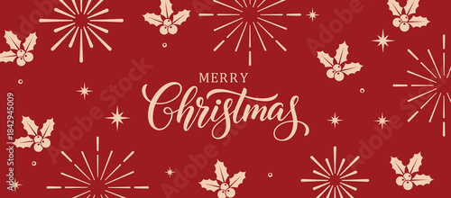 Elegant red Merry Christmas background with beige hand-lettered typography, holly berries and starburst fireworks, festive holiday greeting card design for seasonal invitations.