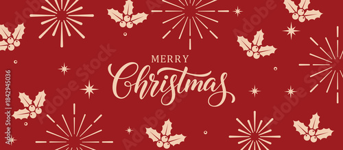 Elegant red Merry Christmas background with beige hand-lettered typography, holly berries and starburst fireworks, festive holiday greeting card design for seasonal invitations.