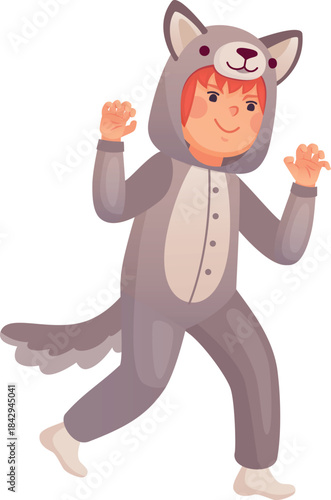 Playing kid in wolf costume. Cozy animal loungewear