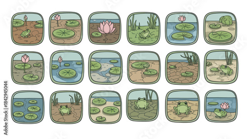 Cartoon frog pond scenes illustration nature water lily pads and flora