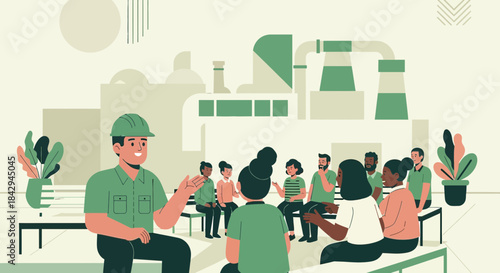 Factory briefing with employees on safety procedures for a positive workplace attitude