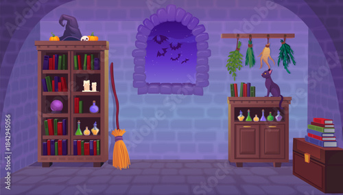 Witch home interior scene. Cartoon magic house