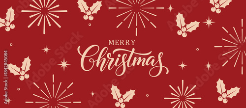 Elegant red Merry Christmas background with beige hand-lettered typography, holly berries and starburst fireworks, festive holiday greeting card design for seasonal invitations.