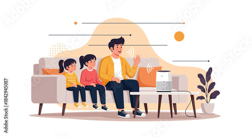 Family interacting with smart home device illustration in cozy living room scene