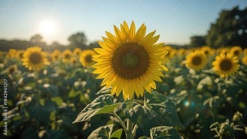 Fototapeta premium Sunflower field at sunset with bright yellow flowers and green leaves. Agricultural landscape during late afternoon or early evening.
