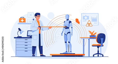 Futuristic assessment: Scientist analyzing humanoid robot in advanced laboratory setting