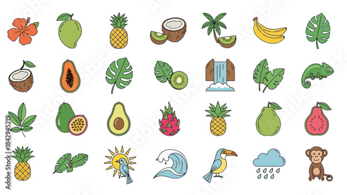 Colorful tropical fruit and animal icons set for design and decoration