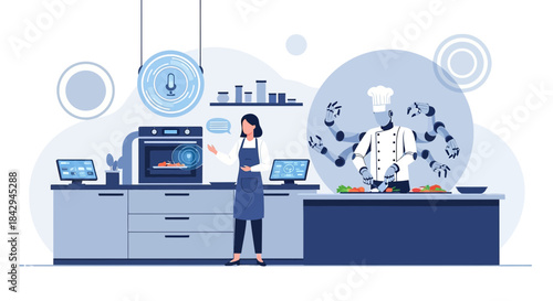 Futuristic automated kitchen illustration with voice control cooking and robotic chef assistant