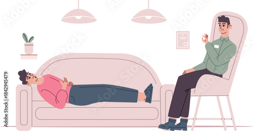 Man lay on couch. Psychological help. Counseling doctor