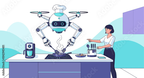 Futuristic culinary scene showcasing domestic robot chef preparing meal in a modern kitchen