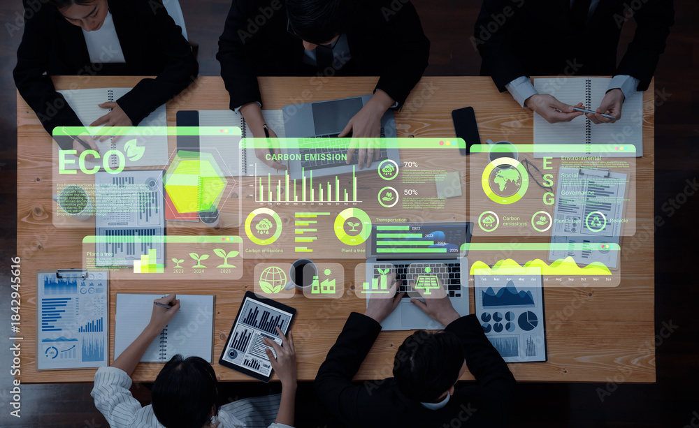 Obraz premium ESG and environmental data dashboard with charts, graphs, and sustainability statistics for eco-friendly strategy Parse
