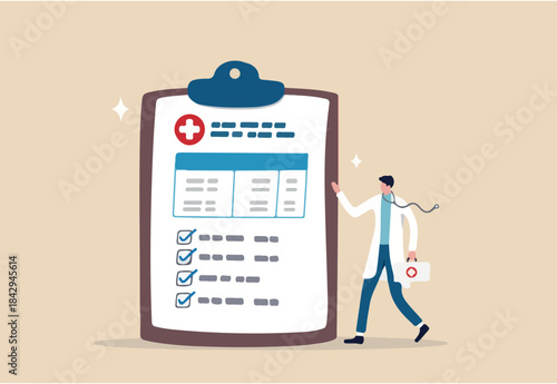 Medical clipboard, prescription or insurance document, health check or doctor diagnosis record, medicine or medicare checklist concept, doctor with stethoscope holding medical clipboard prescription