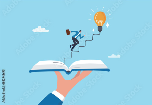 Effective learning new knowledge lead to success, wisdom or idea creativity, literature or inspiration, opportunity advice concept, young man running on opening book with stair up to lightbulb idea